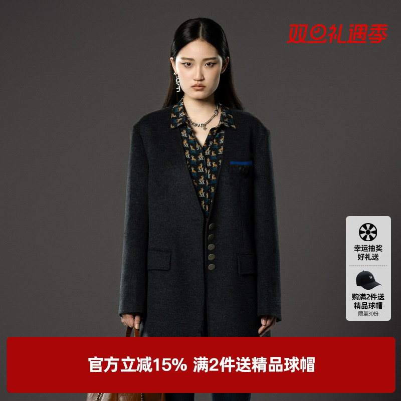 U/TI深灰色无领西装式大衣女百搭绵羊毛毛呢外套尤缇2024冬季新款
