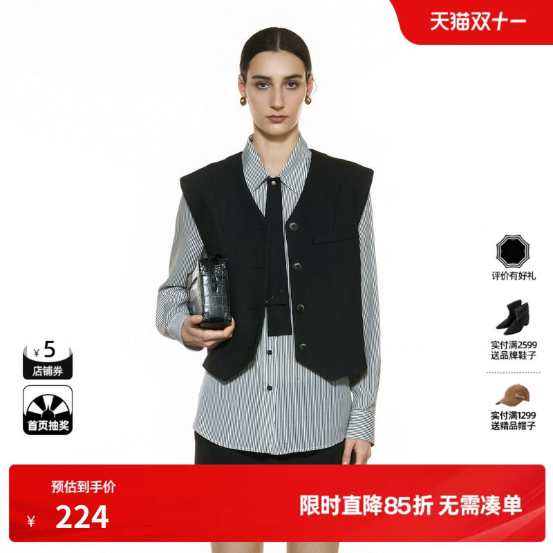 U/TI黑色无袖马夹女通勤单排扣简约无领西装背心尤缇2025秋季新款