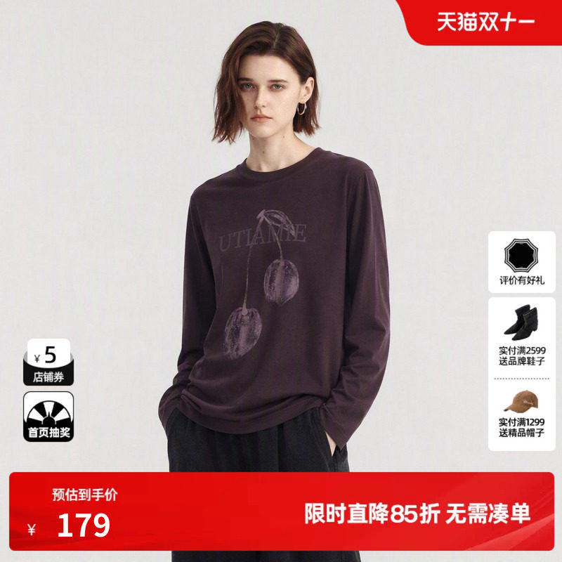 U/TI 酒红圆领素描樱桃长袖T恤女宽松长袖打底衫尤缇2026冬季新款