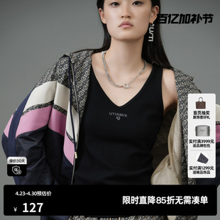 U/TI字母印花V领背心女装 百搭螺纹亲肤吊带上衣尤缇2025春季新款