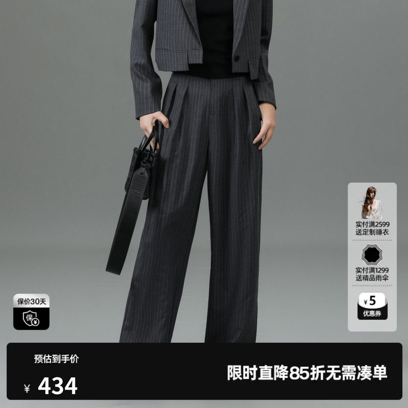 U/TI深灰条纹西装裤女装绵高智感通勤休闲裤尤缇2025春季羊毛混纺