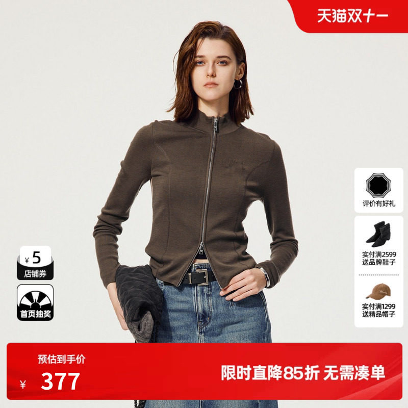 U/TI酷感双拉链毛衫女简约通勤绵羊毛针织衫上衣尤缇2025秋季新款
