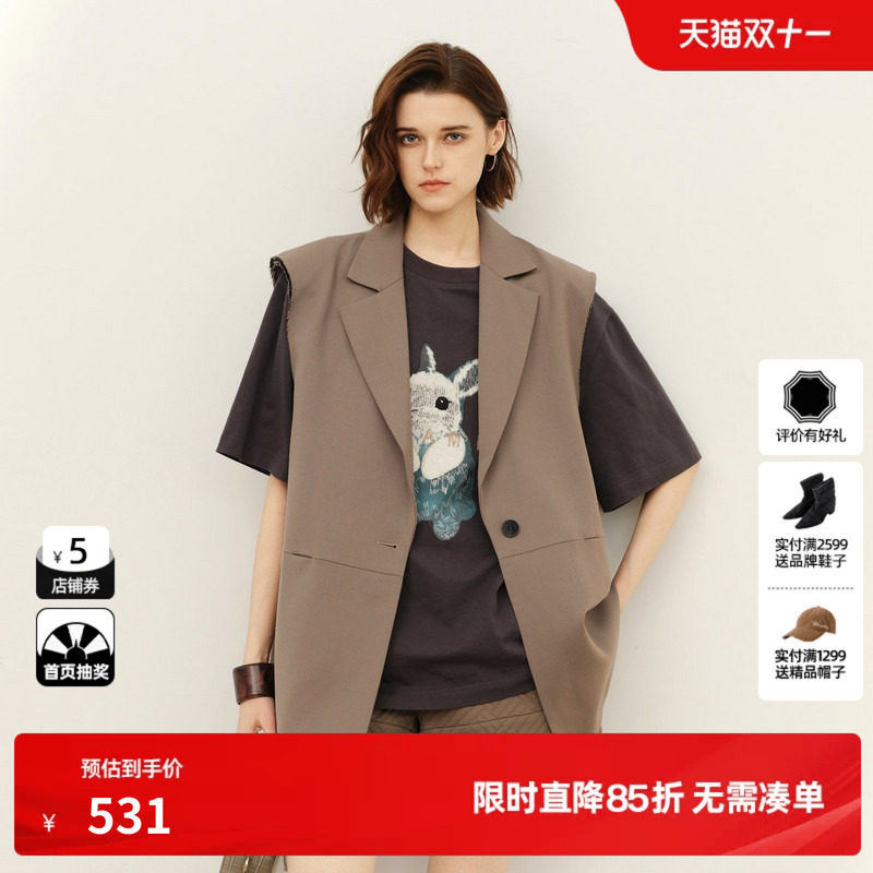 U/TI黑色率性西装马夹女百搭绵羊毛垫肩无袖外套尤缇2025春季新款