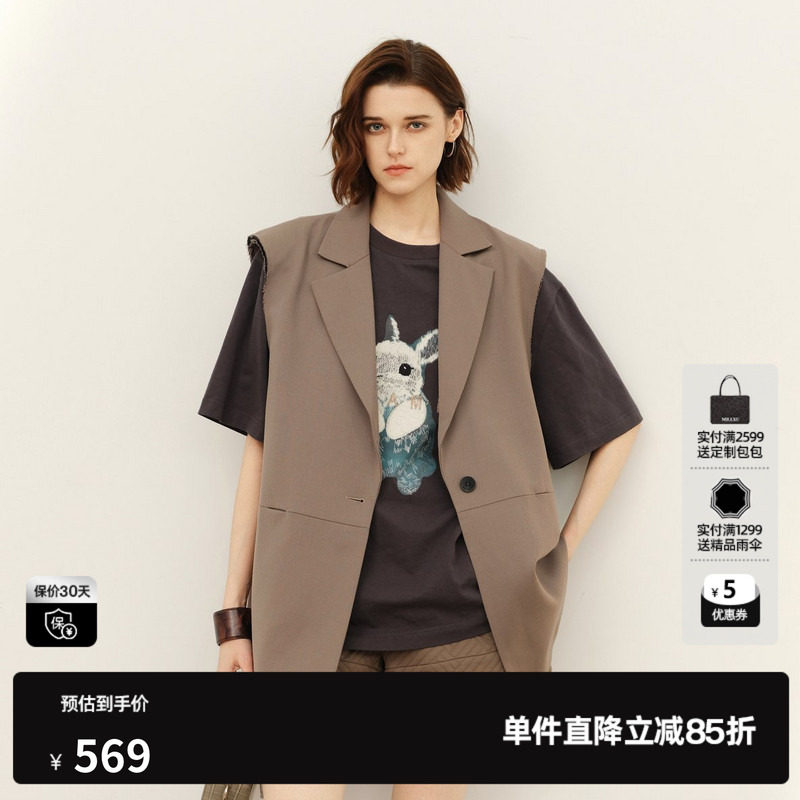 U/TI黑色率性西装马夹女百搭绵羊毛垫肩无袖外套尤缇2025春季新款