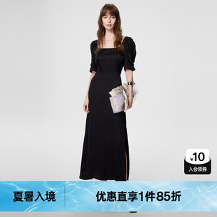新款 垂坠方领连衣裙尤缇2023夏季 TI黑色泡泡袖 开叉茶歇裙女时尚
