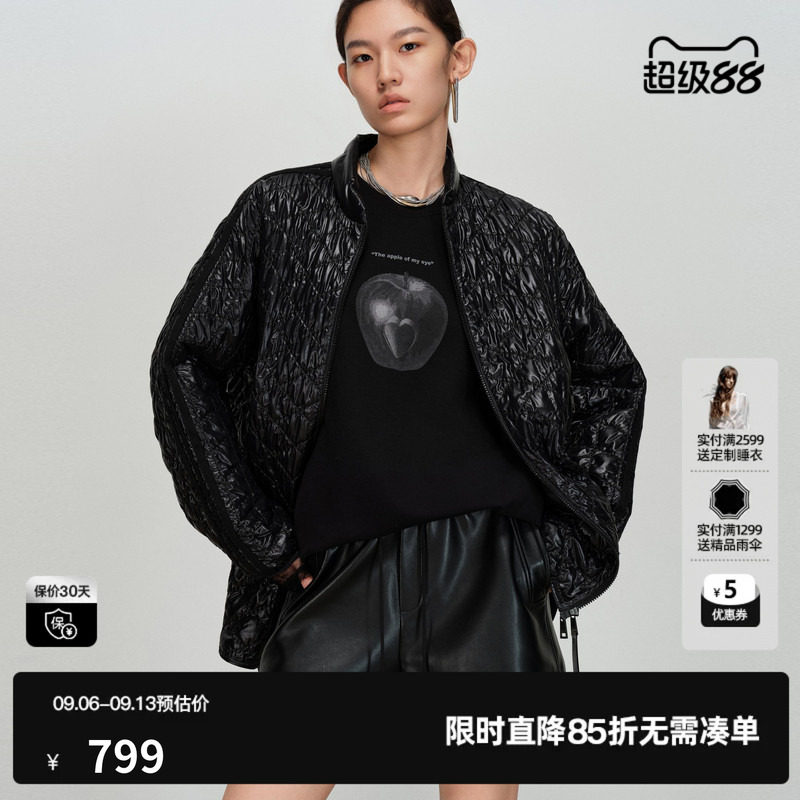 U/TI亮面菱格黑色棉服女宽松落肩光泽肌理感外套尤缇2026春季新款