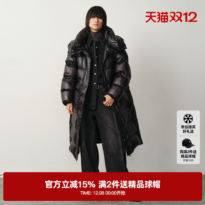 U/TI亮面防风领羽绒服女装廓形长款90白鸭绒外套尤缇2025冬季新款