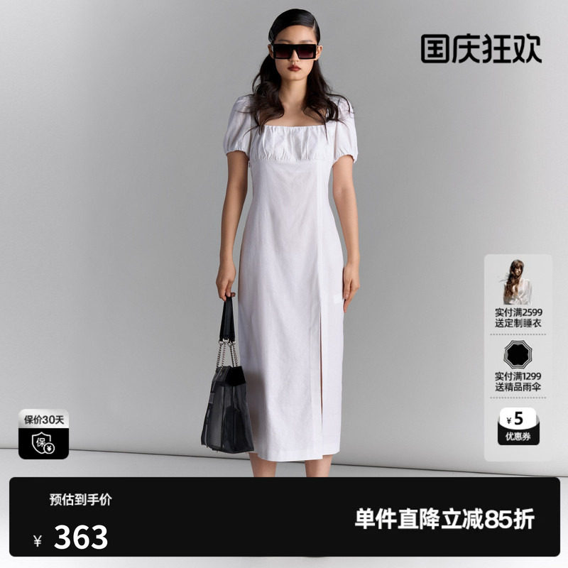 U/TI方领泡泡袖度假裙女百搭开衩气质连衣裙长裙尤缇2025夏季新款