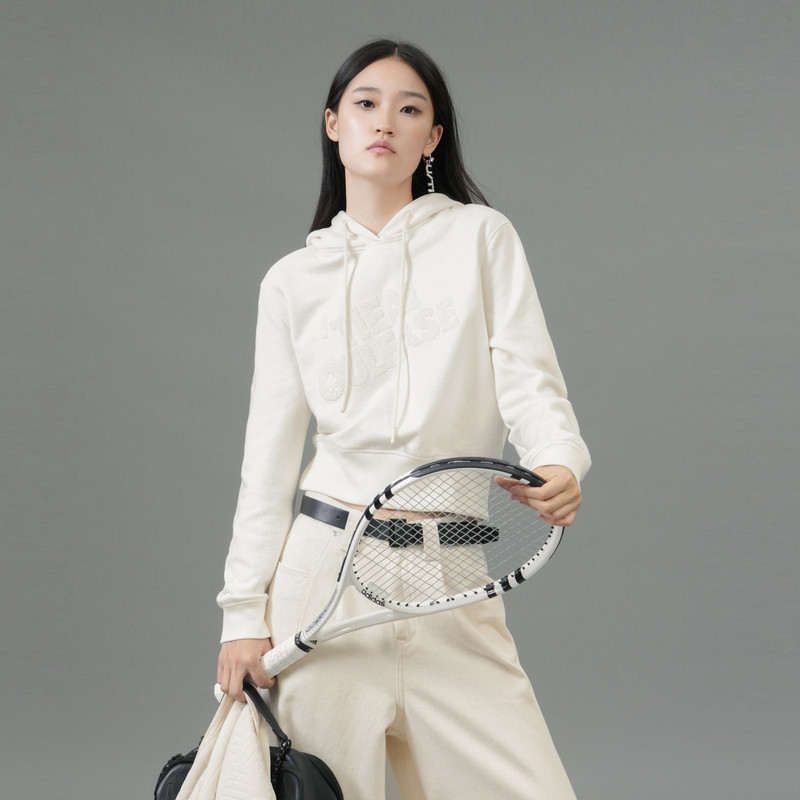 U/TI本白色100%棉连帽网球卫衣女阔感短亮片上衣尤缇2025春季新款