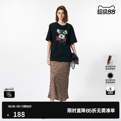 U/TI 黑色100%棉小狗印花短袖女时尚百搭阔版T恤尤缇2025春季新款