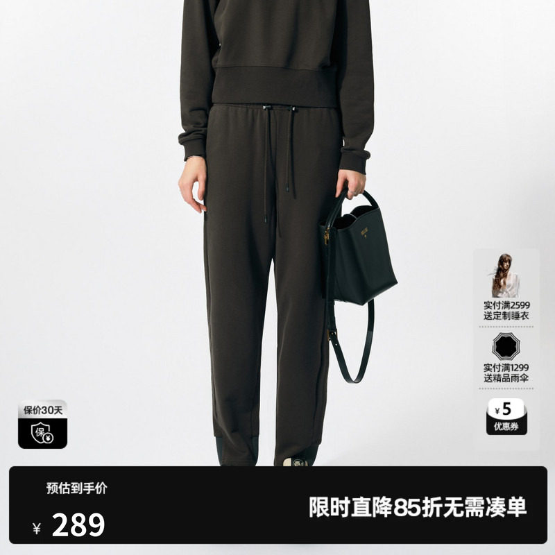 U/TI灰色100%棉简约束脚运动裤女百搭简约休闲裤尤缇2025春季新款