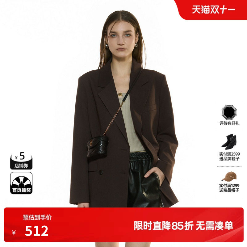 U/TI翻领咖色双排扣西装外套女简约通勤休闲上衣尤缇2025秋季新款