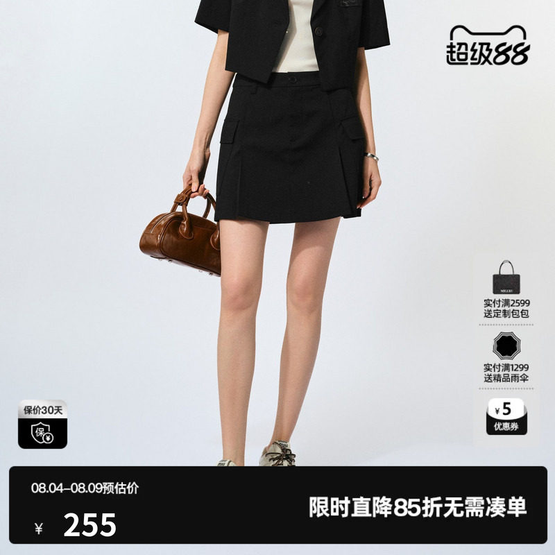 U/TI工装风短裙裤女 设计感百褶裙A字裙黑色短裙尤缇2025夏季新款