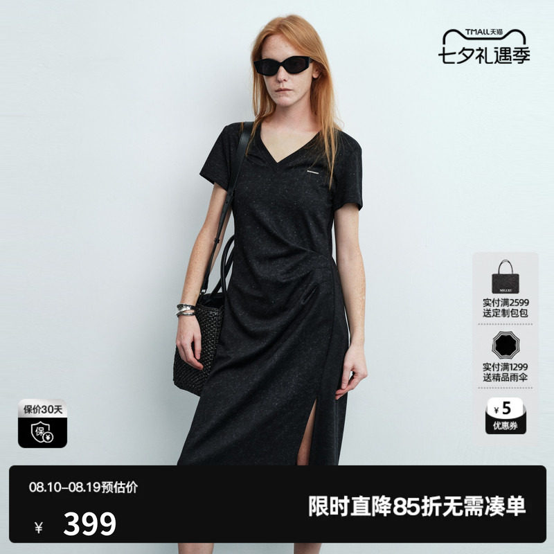 U/TI黑色棉感短袖连衣裙女V领收腰捏褶直筒中裙 尤缇2026夏季新款