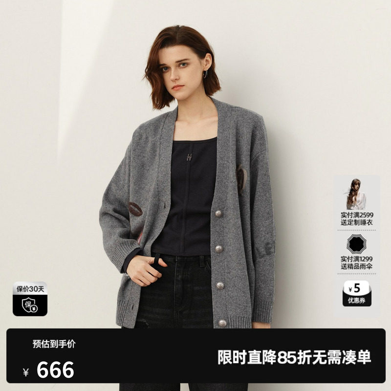 U/TI灰色樱桃提花慵懒开衫女装绵针织衫外套尤缇2025春季羊毛混纺