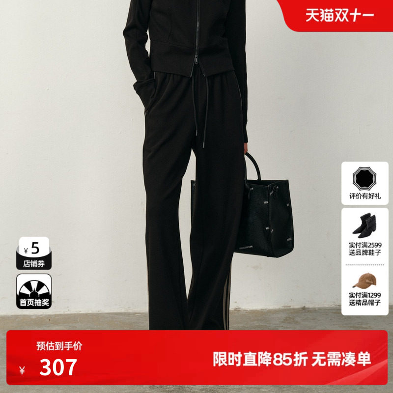 U/TI双织带加绒运动裤女简约棉质宽松松紧休闲裤尤缇2025冬季新款