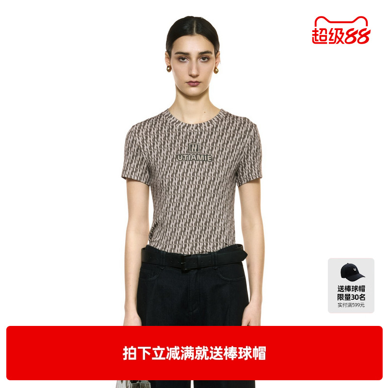 U/TI老花风满印肌理针织T恤女 百搭弹力螺纹短袖尤缇2025秋季新款