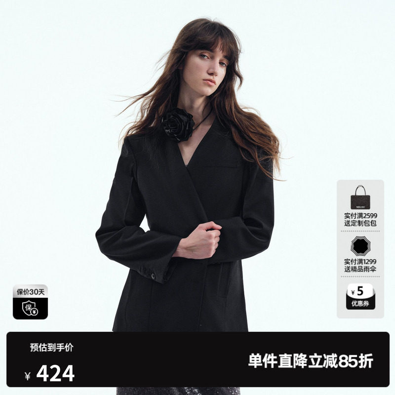 U/TI无领黑色西装外套女装设计感通勤风休闲上衣尤缇2025秋季新款
