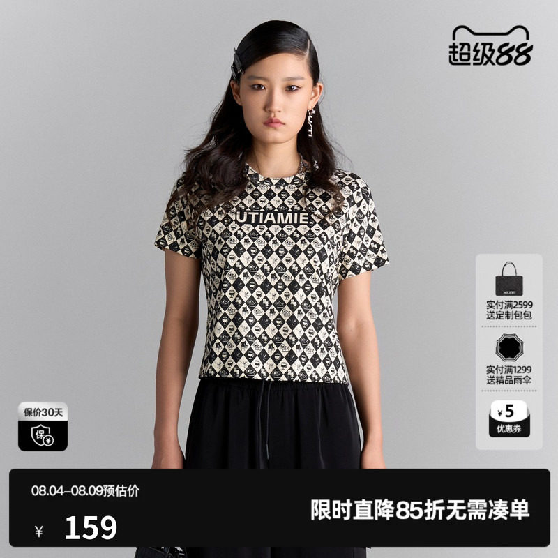 U/TI棋盘满版印花薄T恤女 短款黑白格纹短袖上衣尤缇2025夏季新款