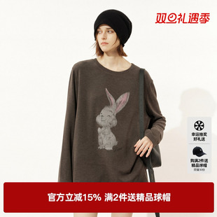 新款 磨毛休闲宽松上衣尤缇2025冬季 T恤女装 TI萌兔印花亲肤长袖