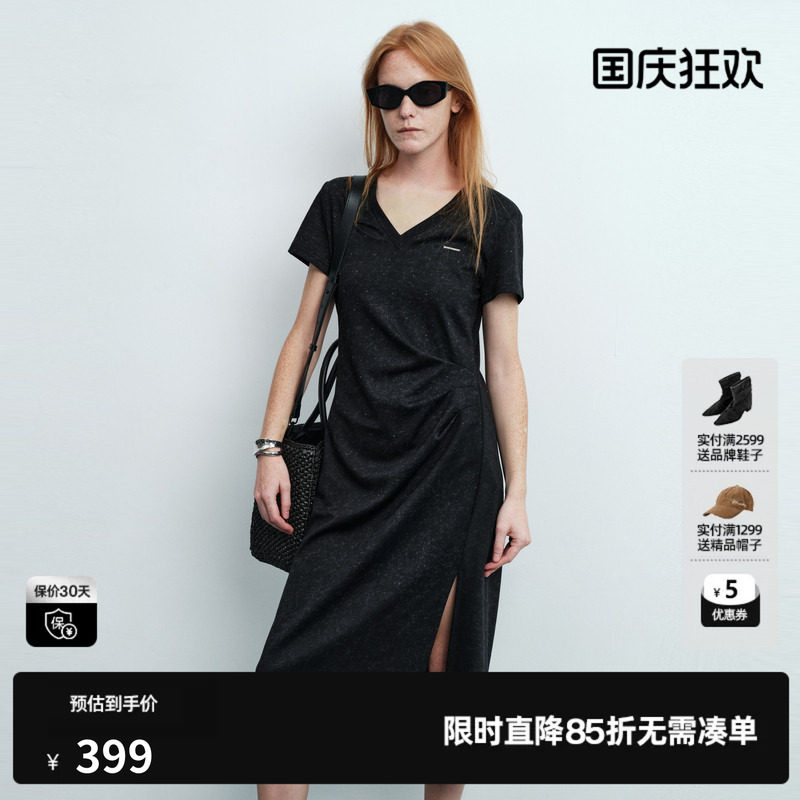 U/TI黑色棉感短袖连衣裙女V领收腰捏褶直筒中裙 尤缇2026夏季新款