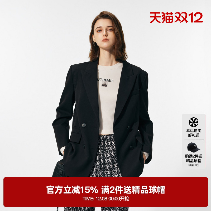 U/TI黑色正肩羊毛西装女通勤风百搭简约休闲外套尤缇2025春季新款