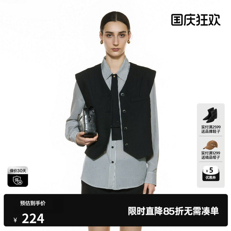 U/TI黑色无袖马夹女通勤单排扣简约无领西装背心尤缇2025秋季新款