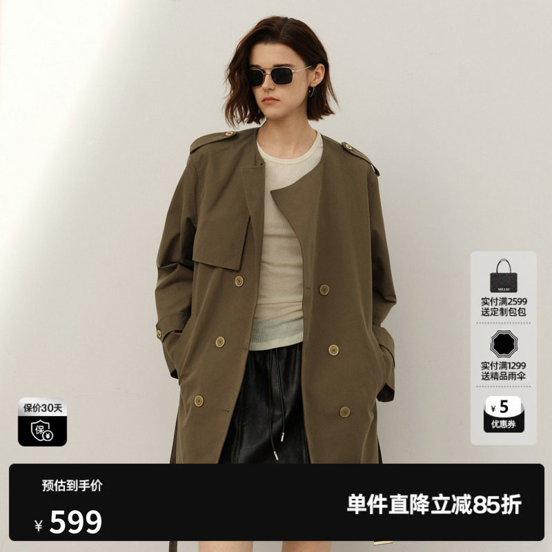U/TI军绿色英伦风风衣女装棉感简约印花短款外套尤缇2025春季新款