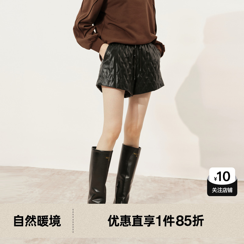 U/TI黑色菱格蛋白皮短裤女装复古百搭高腰休闲裤尤缇2024冬季新款