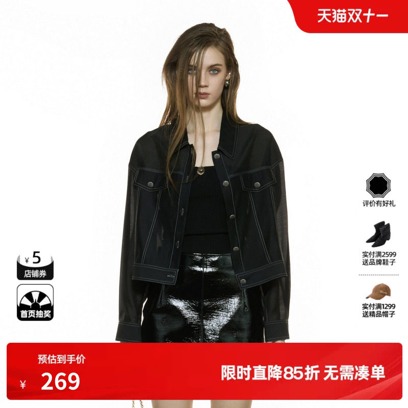 U/TI翻领黑色牛仔衬衫外套女装短款半袖休闲上衣尤缇2025秋季新款