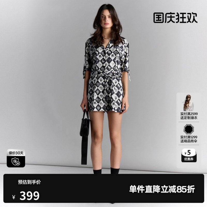 U/TI休闲短袖连体裤短裤女百搭气质黑白格休闲裤尤缇2025夏季新款