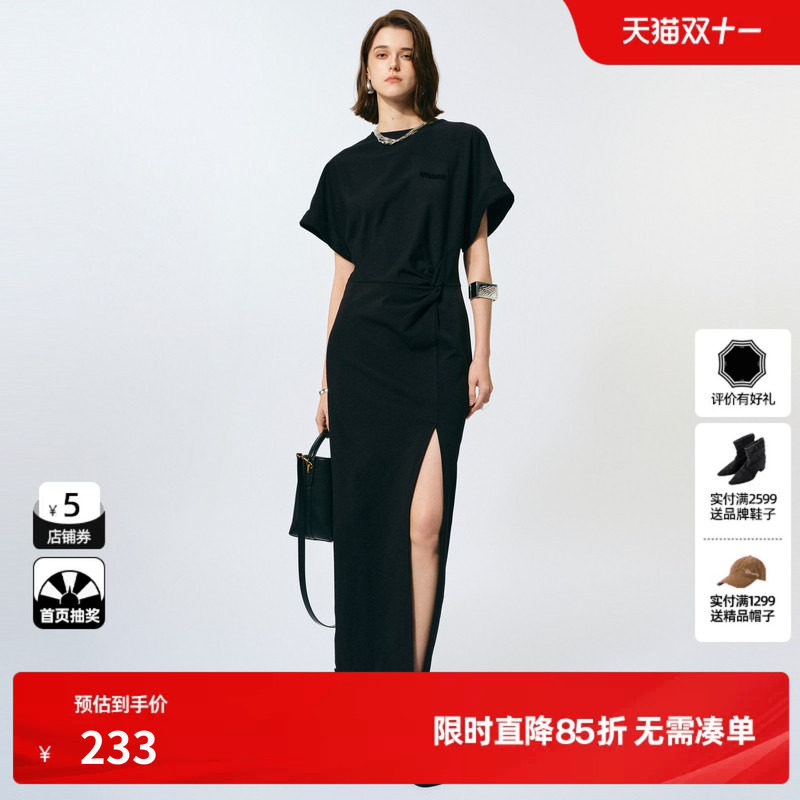 U/TI黑色开衩棉感连衣裙女 设计感褶皱T恤裙长裙尤缇2025春季新款