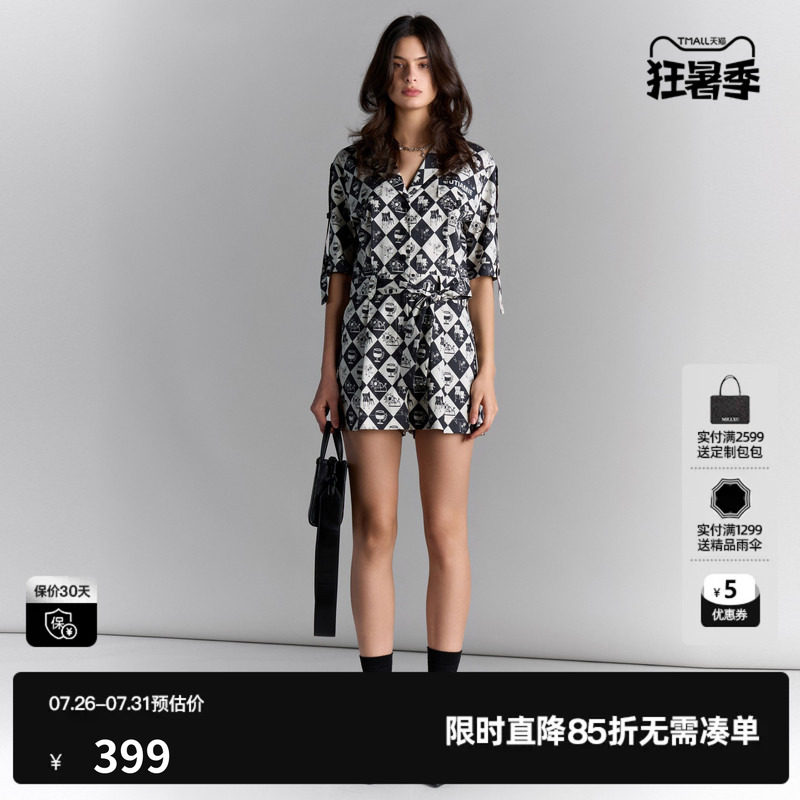 U/TI休闲短袖连体裤短裤女百搭气质黑白格休闲裤尤缇2025夏季新款