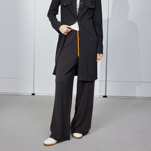 TI深灰色撞色绵羊毛阔腿裤 新款 女装 尤缇2024冬季 百搭拼接休闲裤
