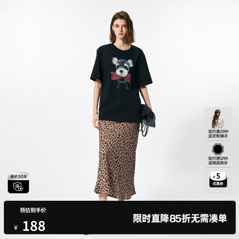 U/TI 黑色100%棉小狗印花短袖女时尚百搭阔版T恤尤缇2025春季新款