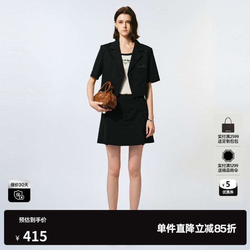 U/TI黑色短款西装女装百搭时尚通勤西服外套尤缇2025夏季羊毛混纺