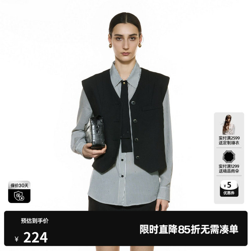 U/TI黑色无袖马夹女通勤单排扣简约无领西装背心尤缇2025秋季新款