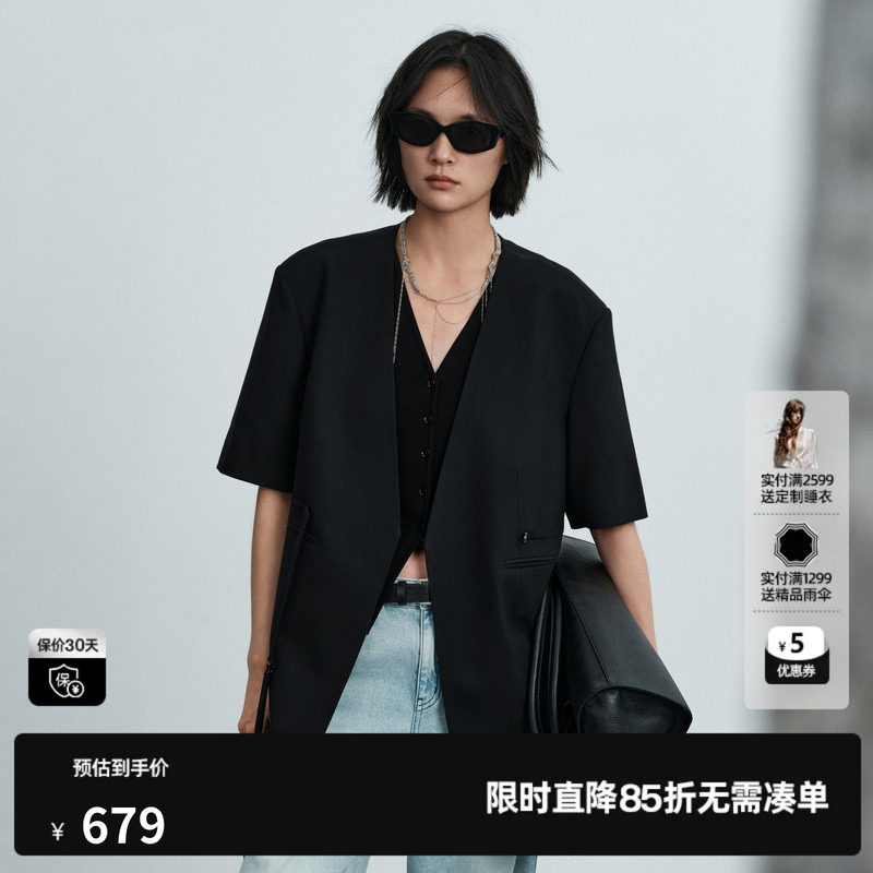 U/TI黑色羊毛混纺短袖西装女装V领廓形卡扣外套 尤缇2026夏季新款