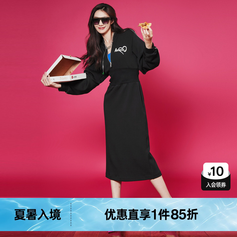 U/TI黑色印花拉链中长连衣裙女一件式束腰休闲裙尤缇2024春季新款