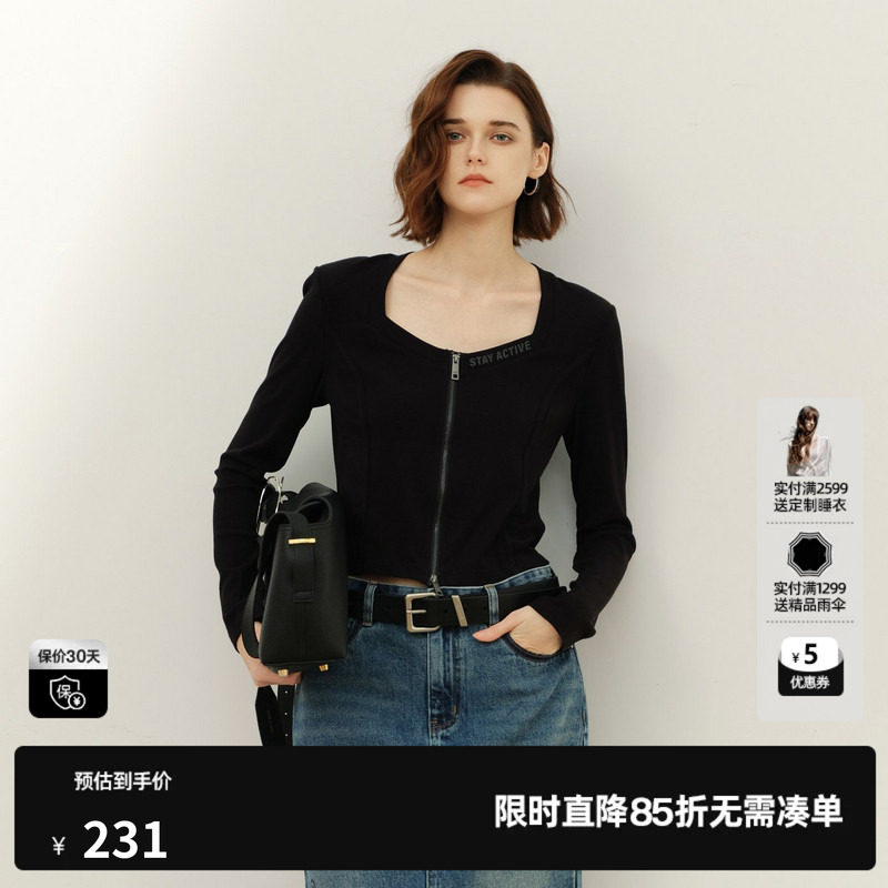 U/TI黑色方领垫肩高腰短款T恤女 百搭双拉链上衣尤缇2025春季新款