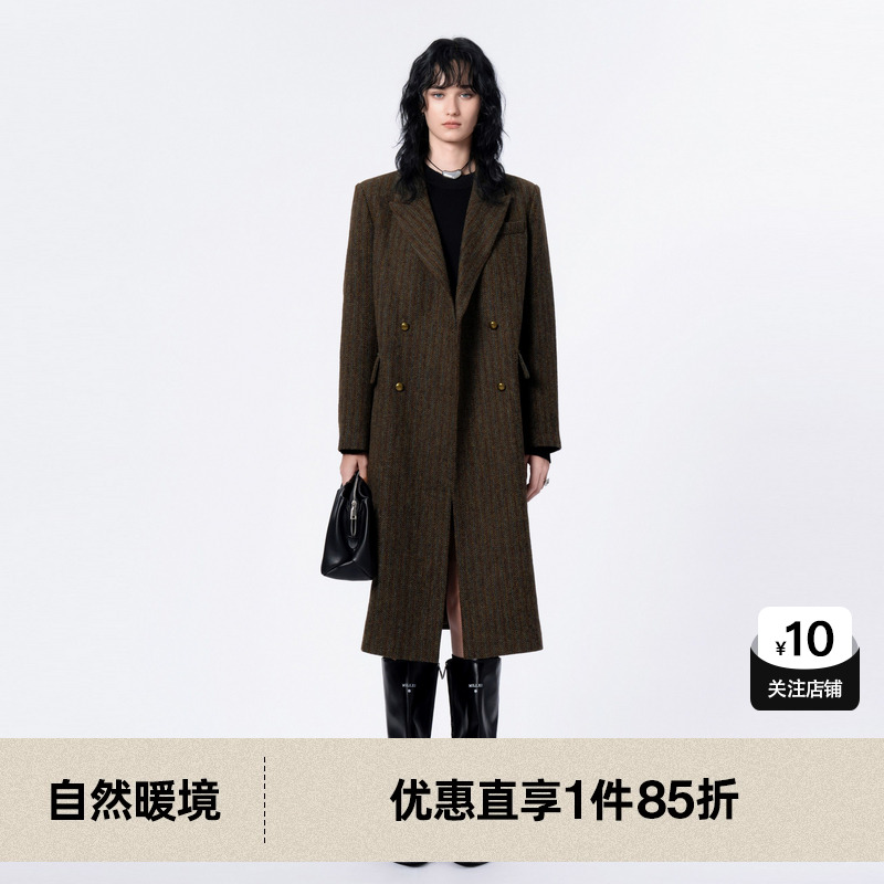 U/TI条纹复古人字纹绵羊毛大衣女静奢英伦风外套尤缇2024冬季新款