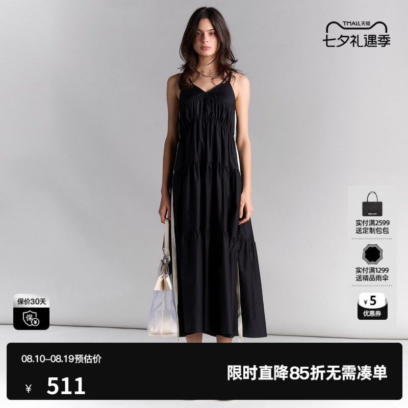 U/TI度假风黑色吊带裙女装棉感轻盈背心裙连衣裙尤缇2025夏季新款