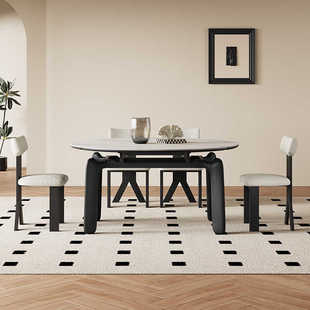 复古伸缩岩板餐桌可变圆桌小户型白蜡木高端中古风实木餐桌 法式