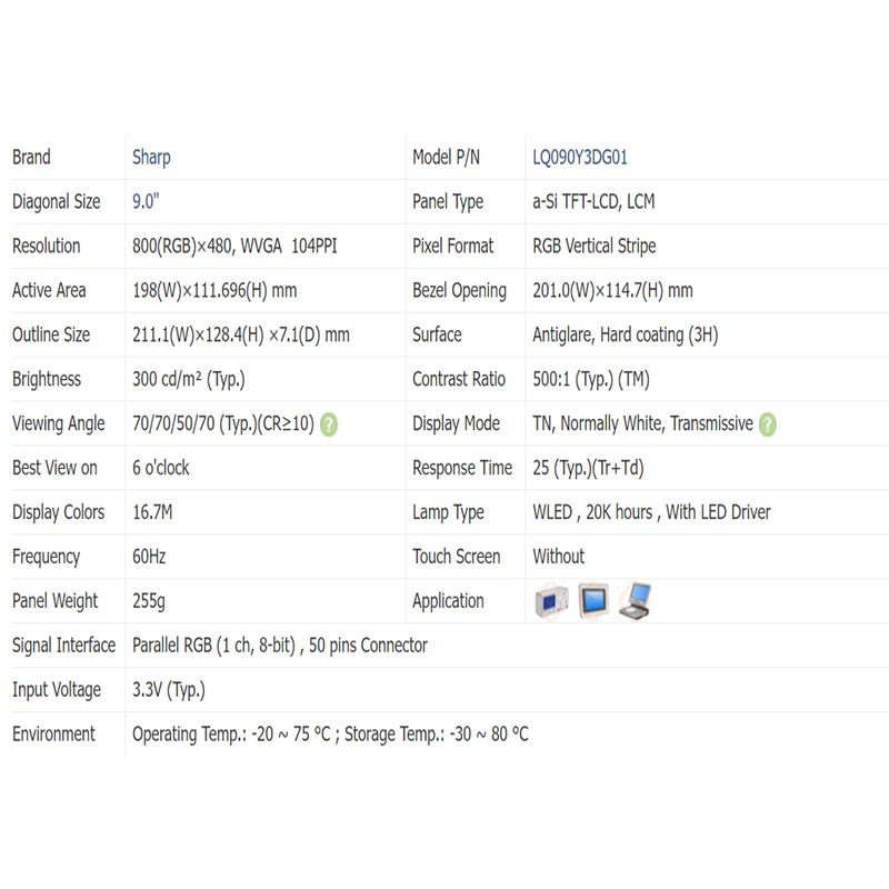 LQ090Y3DG01/LQ090Y3DG01A工业显示屏TFT-SLCD液晶模组原装质