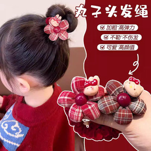 红色格纹花朵发圈儿童秋冬植绒扎发绳可爱卡通丸子头皮筋女童发饰