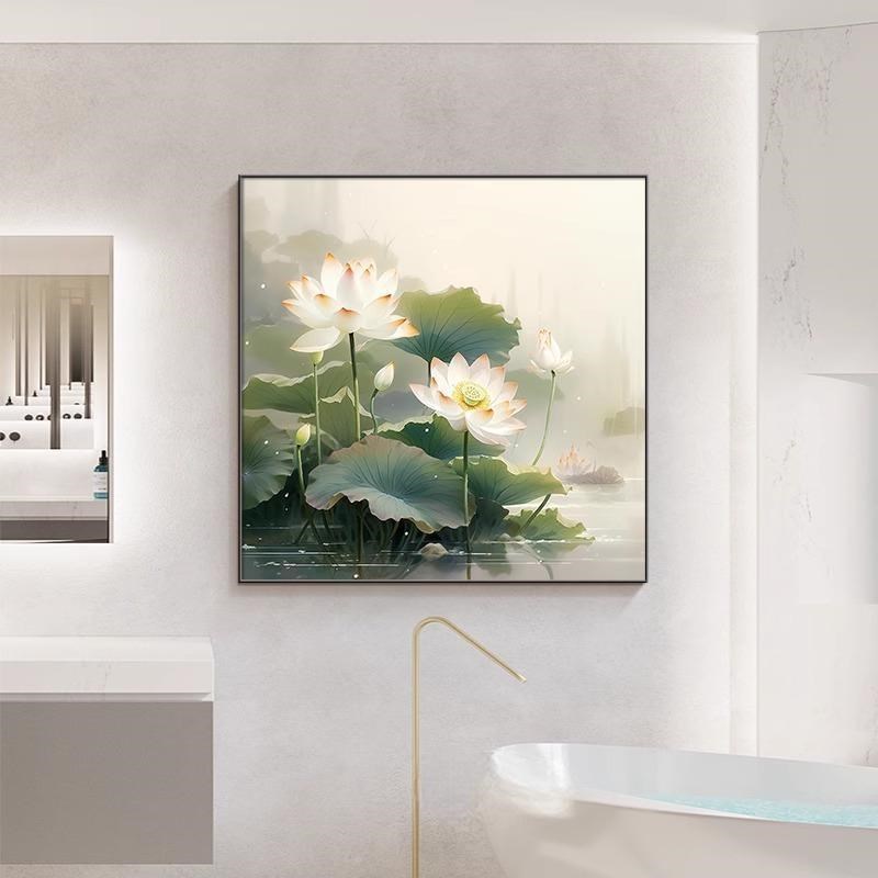 极速莲画荷花装饰画新中式卫生间浴室免打孔壁P画方形餐厅背景墙图片