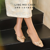 高跟鞋 新中式 配旗袍女鞋 灵梅陈高光鞋 方扣压纹牛皮浅口酒杯跟单鞋