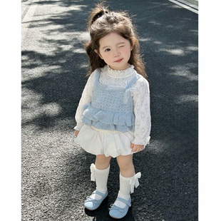 【小張童學】女童套装2026春季新款三件套baby蓝芭蕾风甜美马甲潮