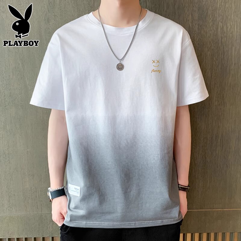 花花公子渐变短袖t恤男士纯棉上衣服夏季薄款设计感半袖男生体恤