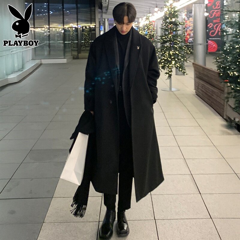 花花公子黑色毛呢大衣男士长款风衣春季新款高级感韩版大衣外套男